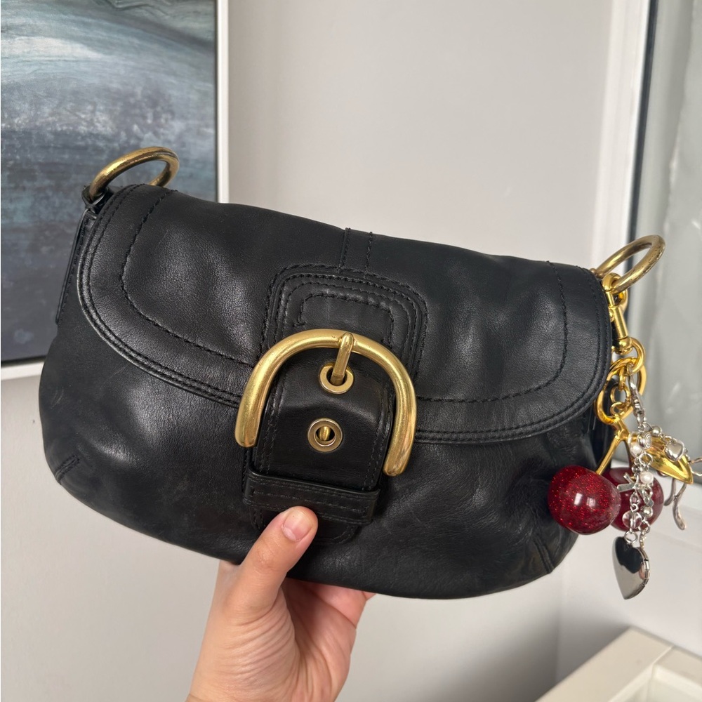 (NO HANDLE) Coach Black Leather Soho Shoulder Bag with Gold Accents